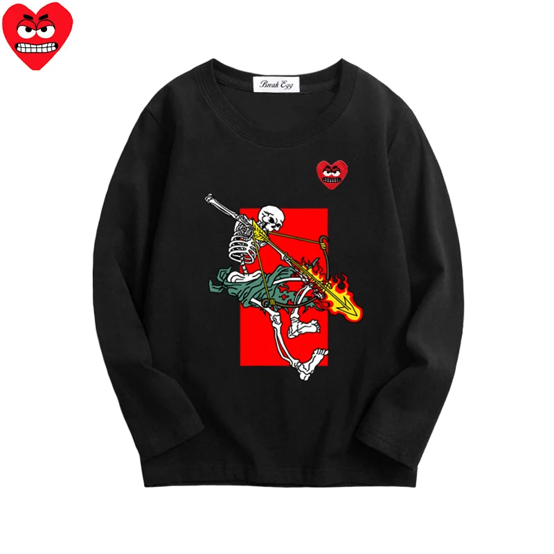 Bow and Arrow Printing Boy Girl T-shirt Cotton Cartoon Red Snag Heart Embroidery O-neck Long Sleeved Straight Summer T-shirt