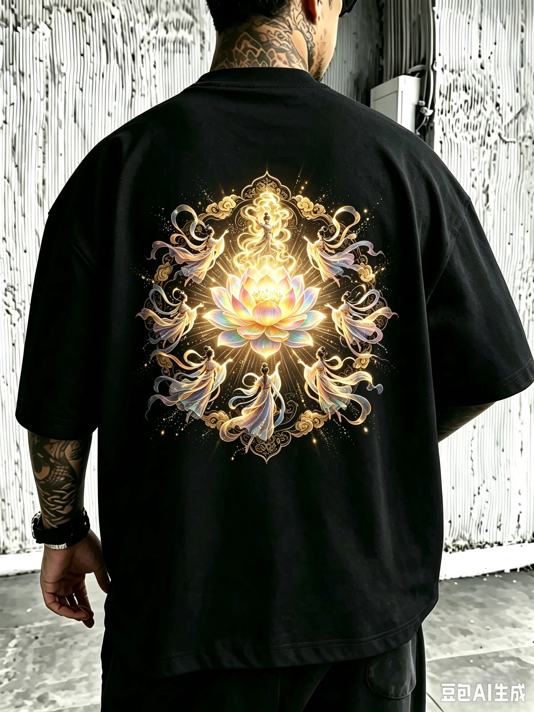 Men Women Unisex Oversized Cotton T-Shirt, Golden Glowing Lotus Dunhuang Flying Fairy Auspicious Cloud Chinese Style Back Print Tee, Oriental Myth Aesthetic Streetwear Short Sleeve Tops