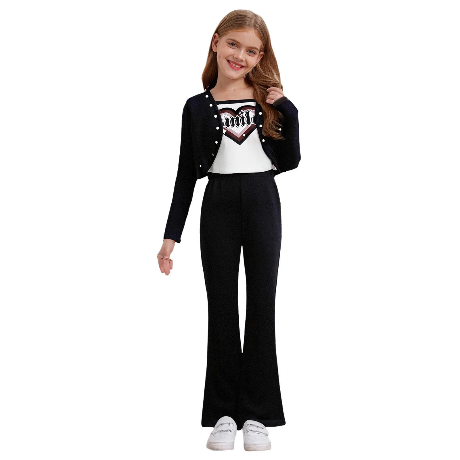 

Kids Girls Fashion Outfit 3-Pieces Casual Clothes Long Sleeve Open Front Cardigan with Letter Printed Camisole and Flared Pants