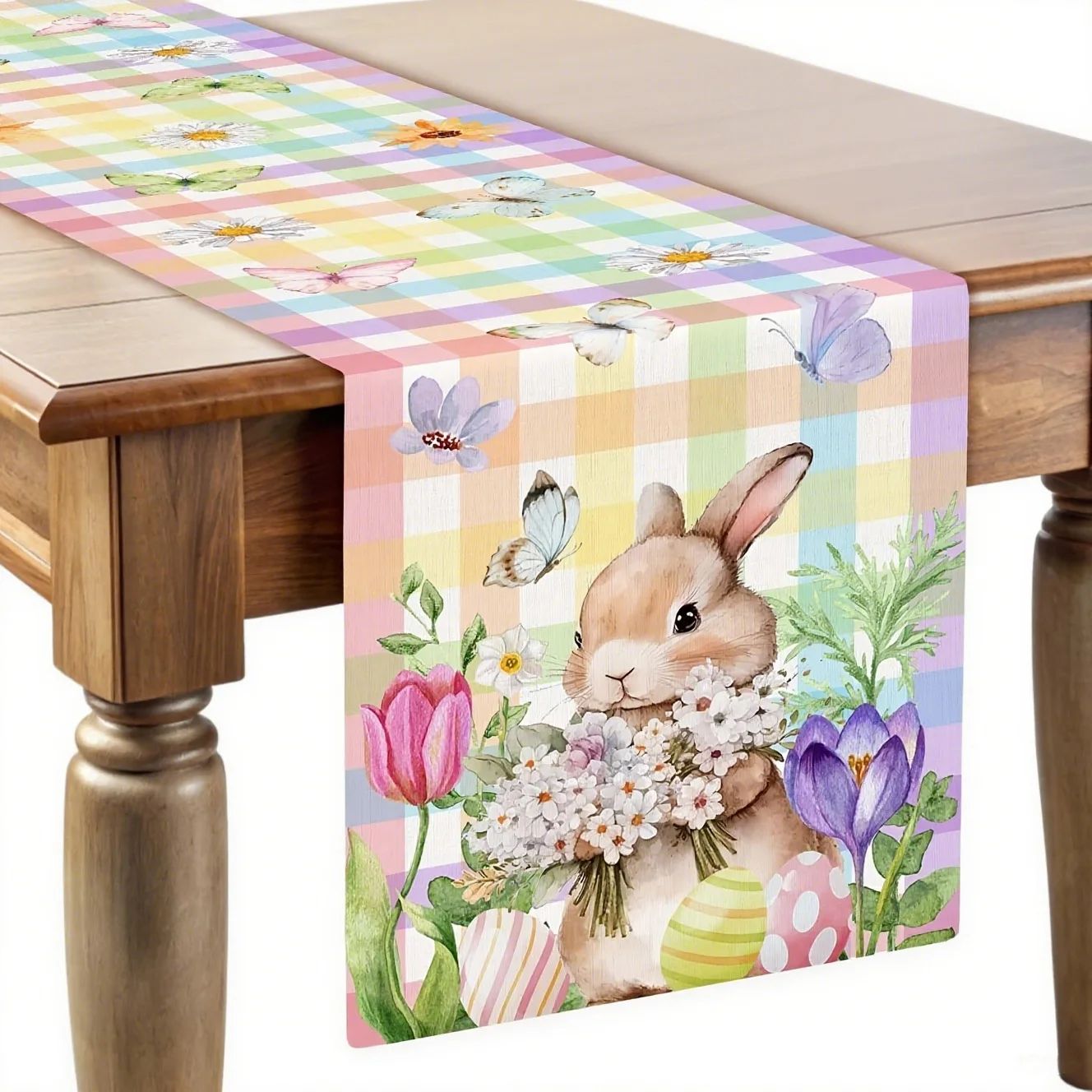 

Polyester Easter Bunny Table Runner Colorful Checkered Pattern Spring Floral Rabbit Design Dining Table Decor Festive Cheerful