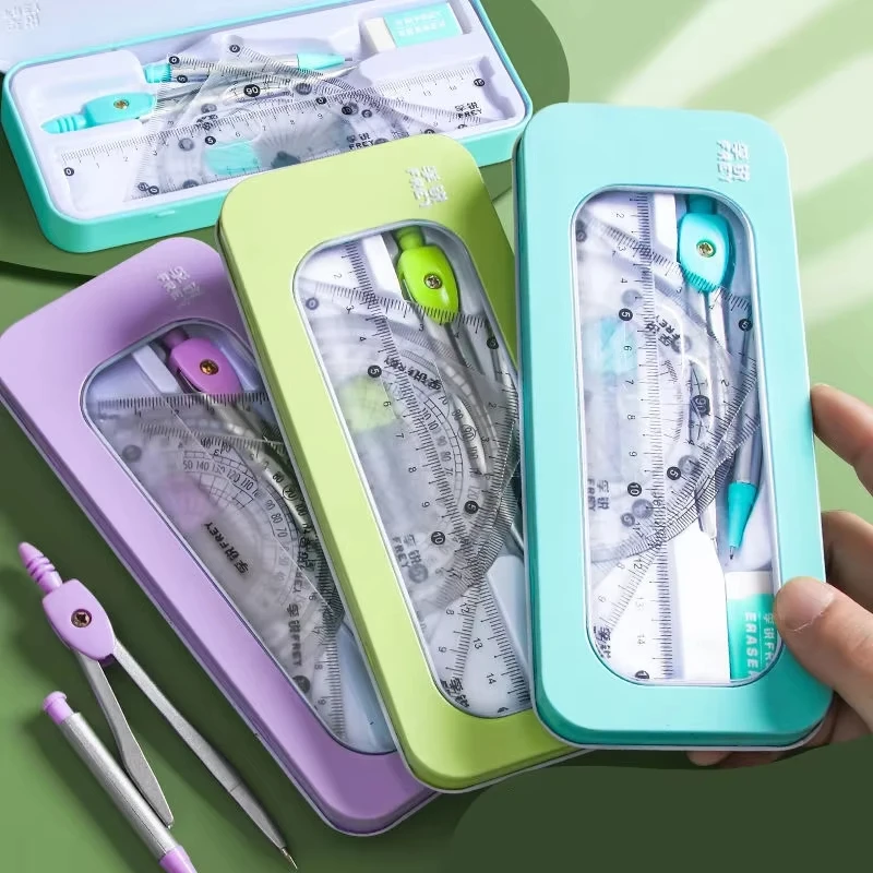 7 PCS Compass and Ruler Sets Triangle Ruler Protractor Rubber Student Exam Specific Ruler Box Set School Starts