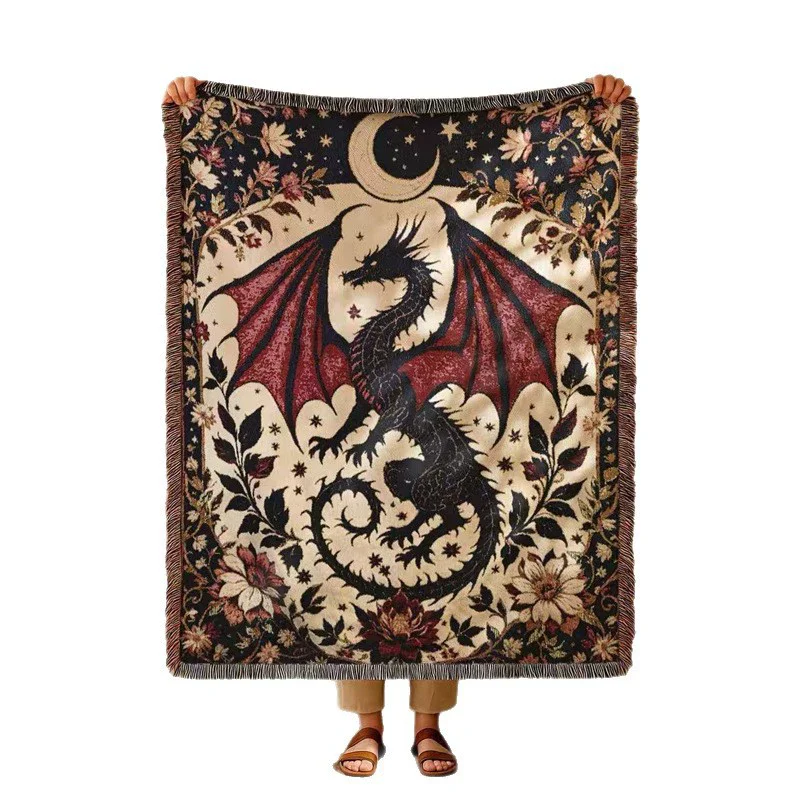 Fantasy Dragon Moon Floral Jacquard Woven Throw Blanket Vintage Folk Home Decor & Autumn Winter Picnic Blanket