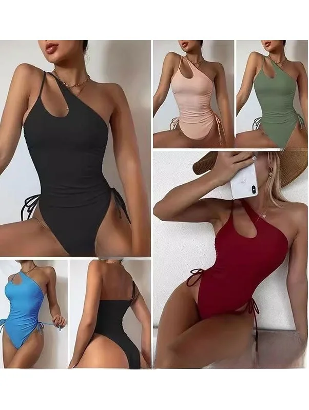Sexy One-Piece Bikini Swimsuit Pure Color Side-oulder 2026 New Arrival European Sle V-Ne Hollow out Casual Swimwear