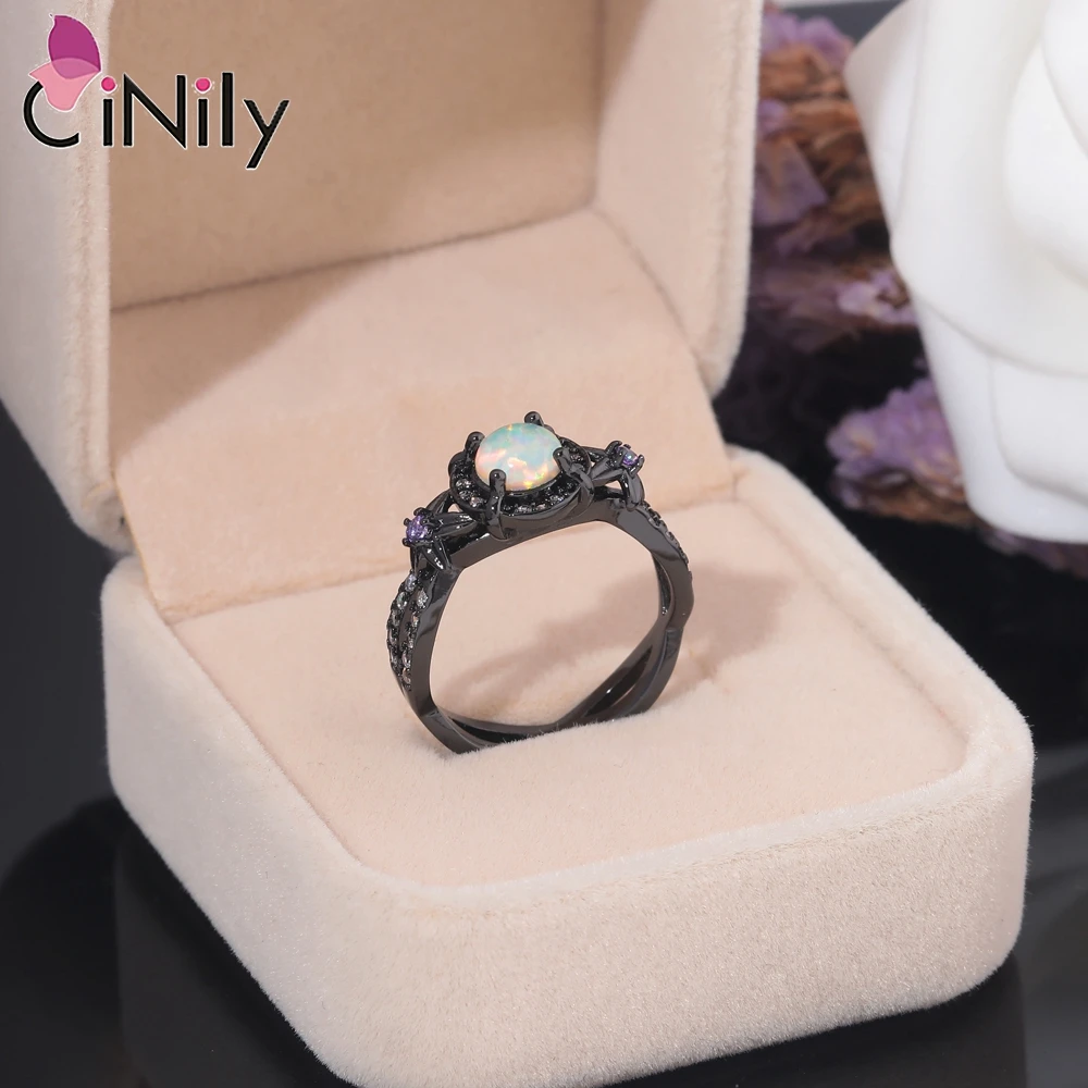 CiNily Exquisite White Fire Opal Rings CZ Black Gold filling Simple Fashion Jewelry for Women Men Wedding Engagement Size 6-9