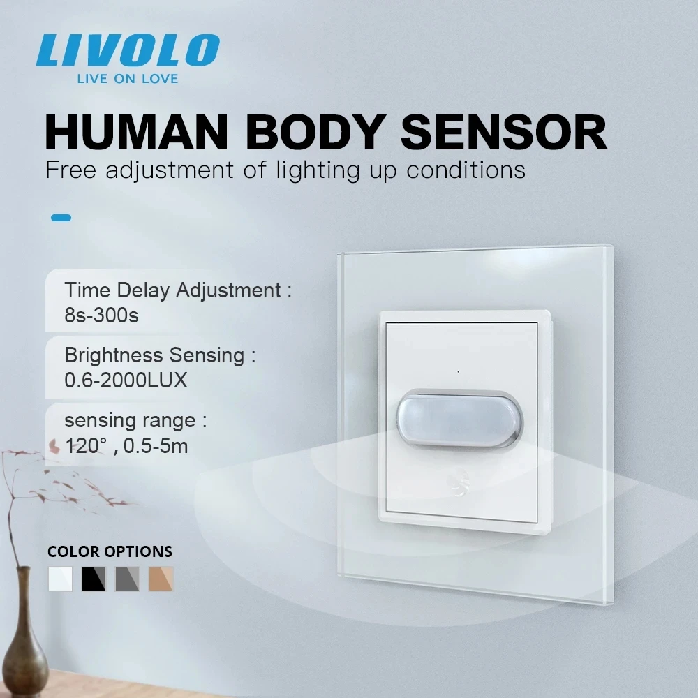 Livolo Novo Interruptor de Toque com Sensor de Presença Humana, Painel de Vidro, Padrão UE, Interruptor de Luz de Parede com Indução por Infravermelho para Escuridão, Padrão UE