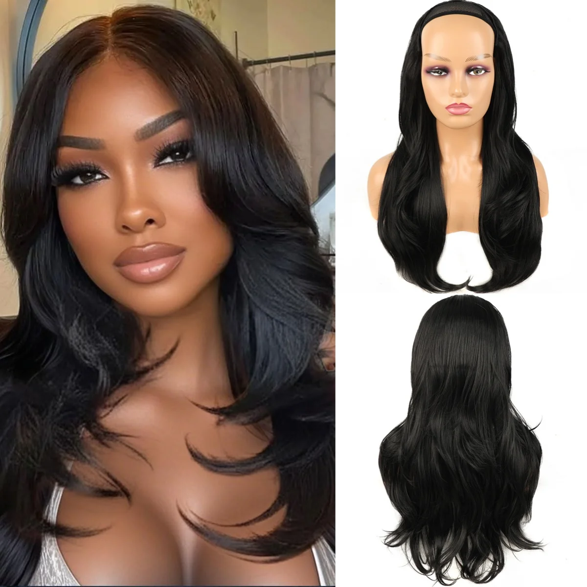 24 Inch Synthetic Long Wavy Half Wig U-Part Clip-in Hair Extension for Women Layered Straight Head Tied Fibers Hair Wig