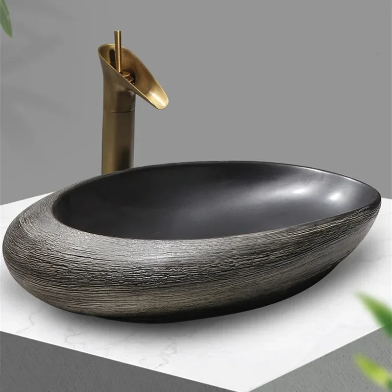 Vintage Black Ceramics Bathroom Sink Bathroom Fixture Outdoor Countertop Sink Creative Personality Art Beauty Salon Washbasin