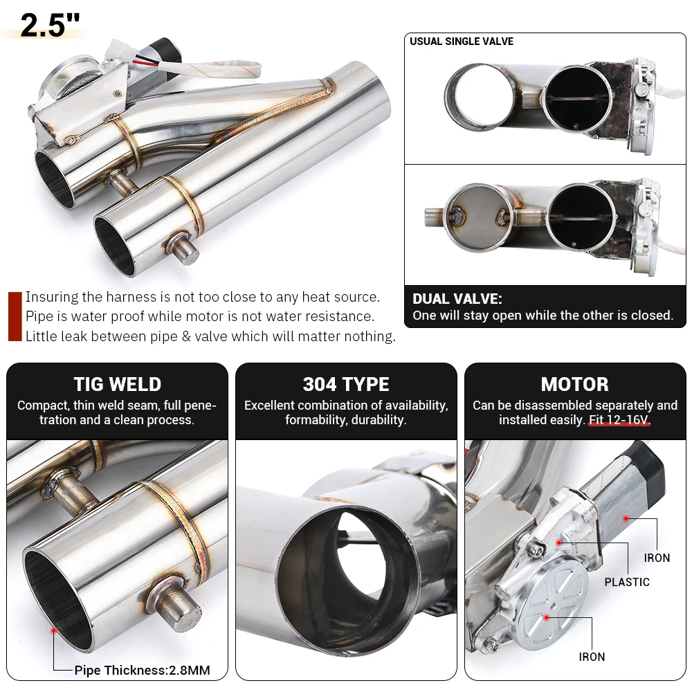 Tubo de escape eléctrico Universal de acero inoxidable 304, 2,0 \