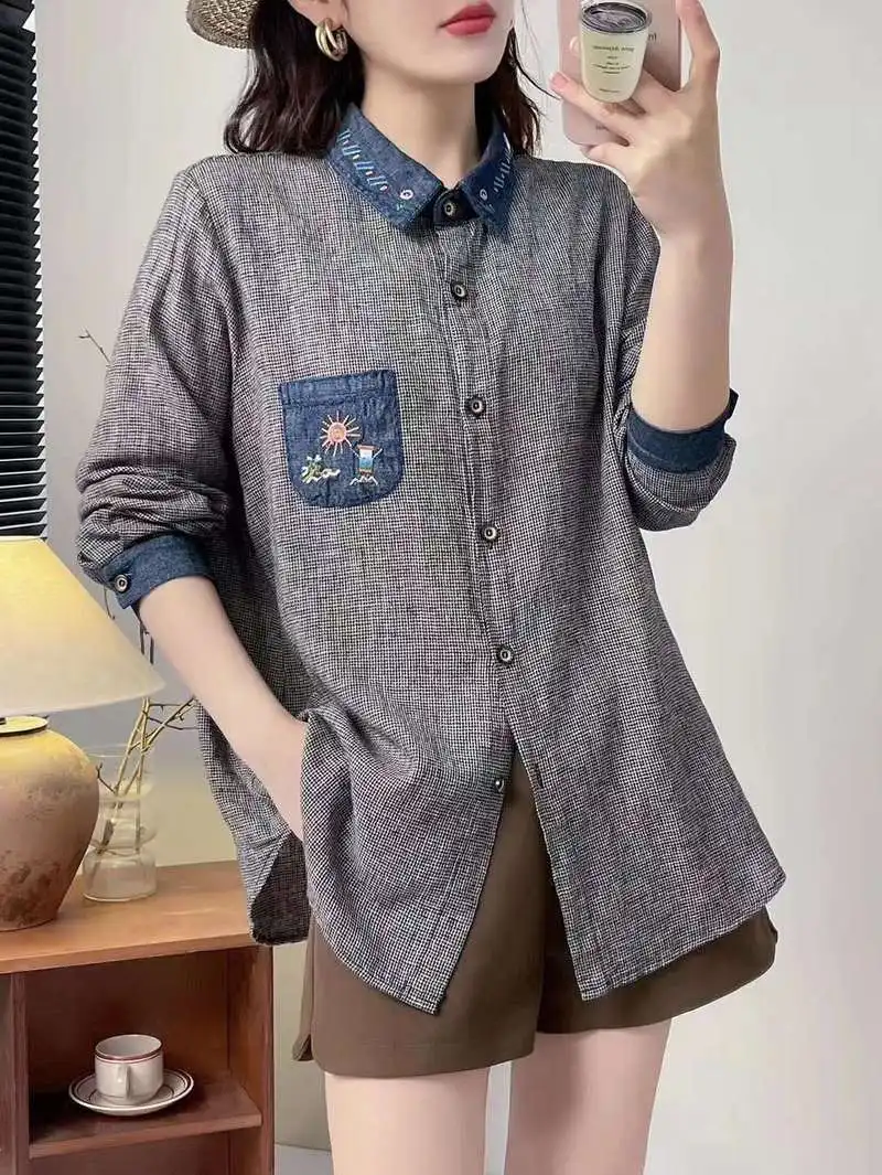 New Summer Cotton Long Sleeve Shirts, Women Lapel Embroidery Top, Mori Girl Casual Sweet Loose Blouses, 2024 Autumn T478126QM