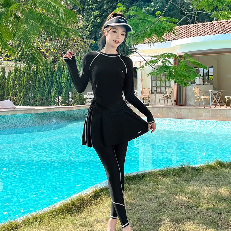 Long Sleeve Three Piece Muslim Swimwear Islamic Swimming Suit For Women Full Body Swimsuit Skirt Modest Clothing Boerkini