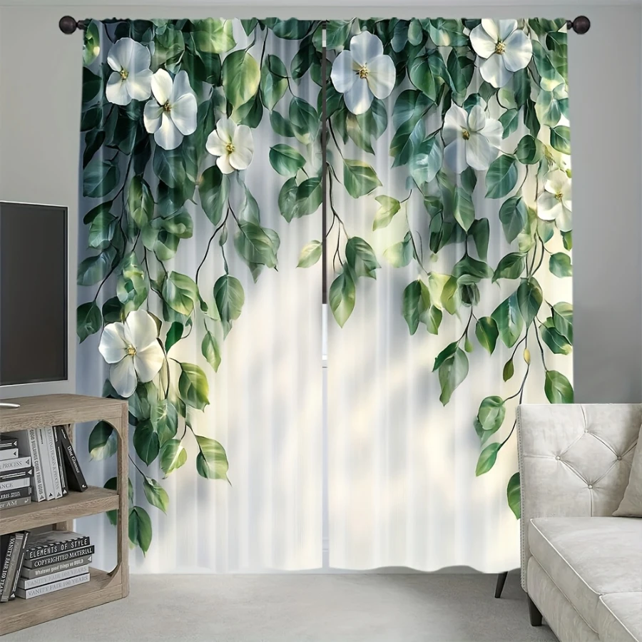 2PCS Digital Print Curtains, Green Vine White Flowers, Fresh Climbing Floral Decor Natural Botanical Trailing Bedroom Drapes