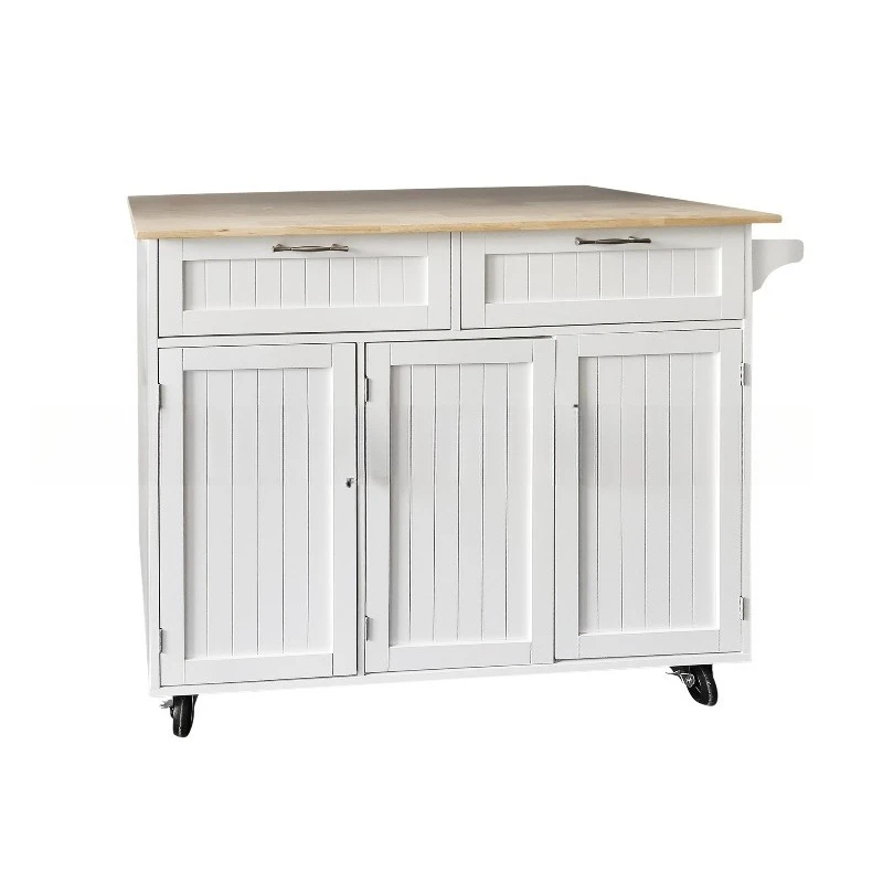 

Kitchen Wooden Three Doors Two Pumps Solid Wood Desktop Storage Island Towel Rack Dining Car