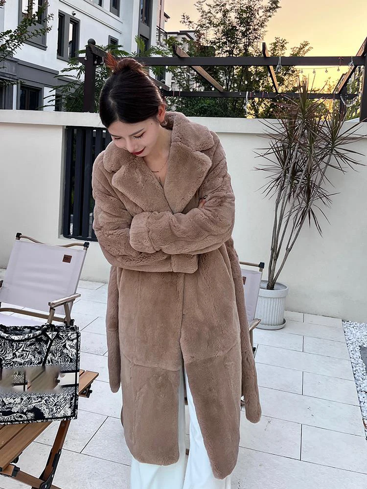Winter Long Real Rabbit Fur Coat Luxury Elegant Stylish Thick Warm Fluffy Hairy Soft Women Overcoat Sashes