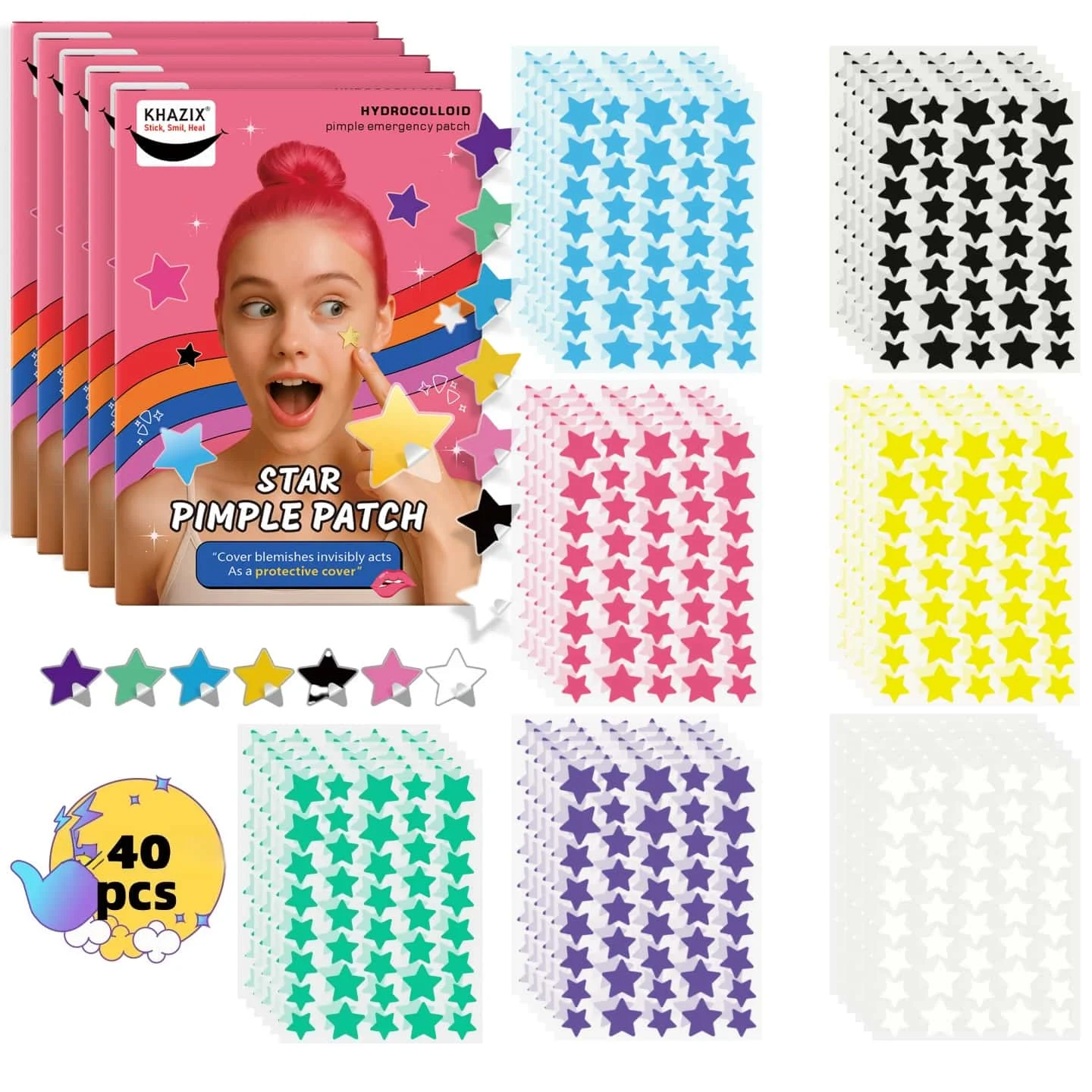 Image of 40 Stück mehrfarbige Stern-Akne-Patches, Gesichts-Akne-Patches, Akne-Concealer-Patches und Pickelpatches, ultradünn