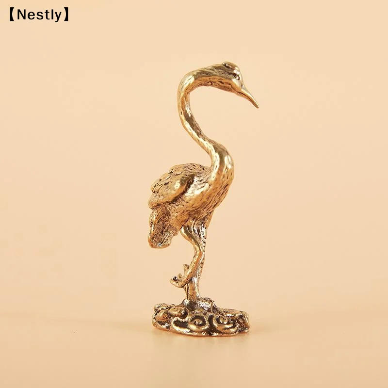 1 Piece Miniatures Desktop Ornament Brass Red Crowned Crane Figurines Living Room Decoration Crafts  Animal Statue Decor〔Nest〕