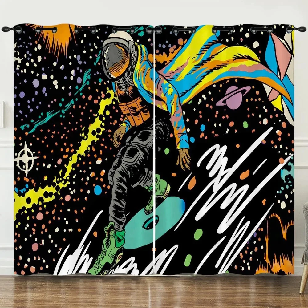 Kids Boys Window Curtain Galaxy Outer Space Playroom Spaceman Planet Theme Astronaut Cartoon Curtains for Bedroom Living Room