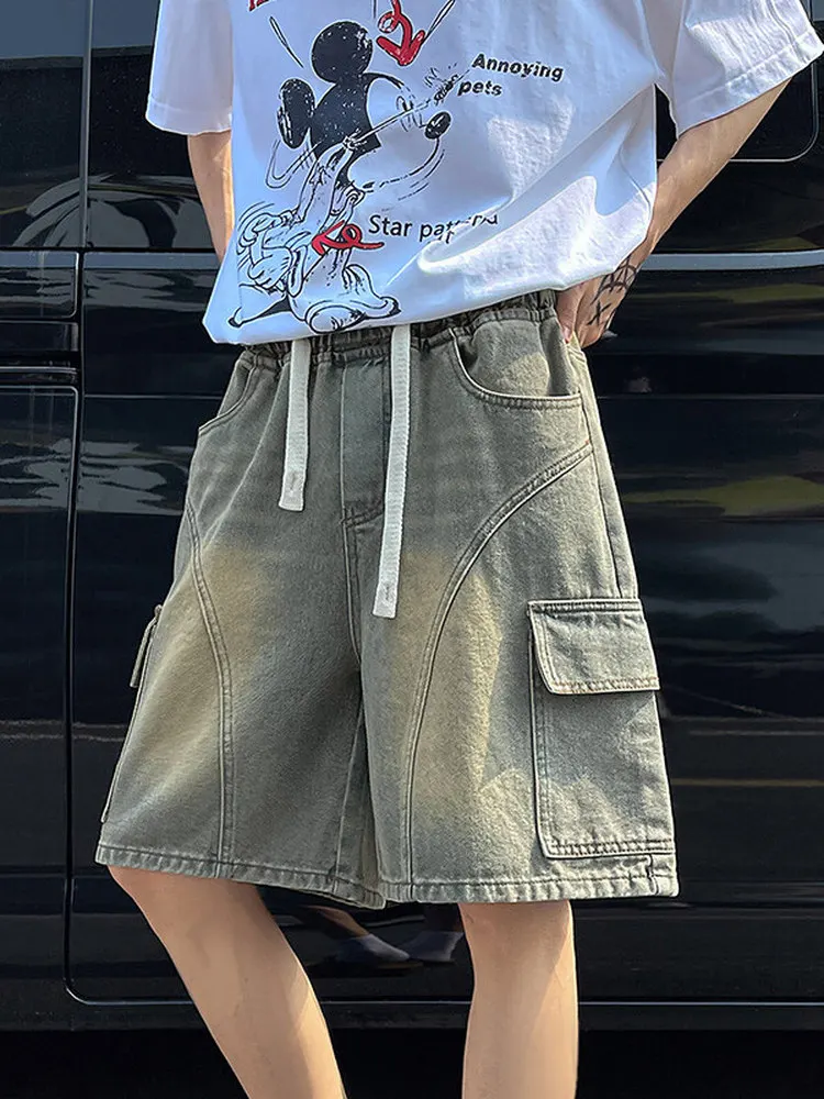 

Waed Distred Patchwork Men's Denim orts Summer Cool Workwear Loose Straight Leg Design Five-Quarter Pants