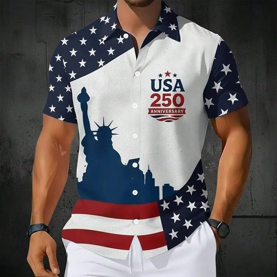 

Mens USA 250th Anniversary Statue Of Liberty Flag Print Short Sleeve Button Up Shirt