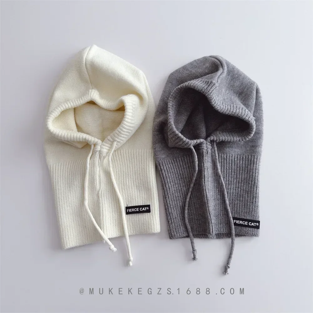Boys Girls Knit Scarf Integrated Hat Baby Outdoor Casual Kids Warm Headwear Autumn Winter Solid Color Thick Ear-Protecting Hat