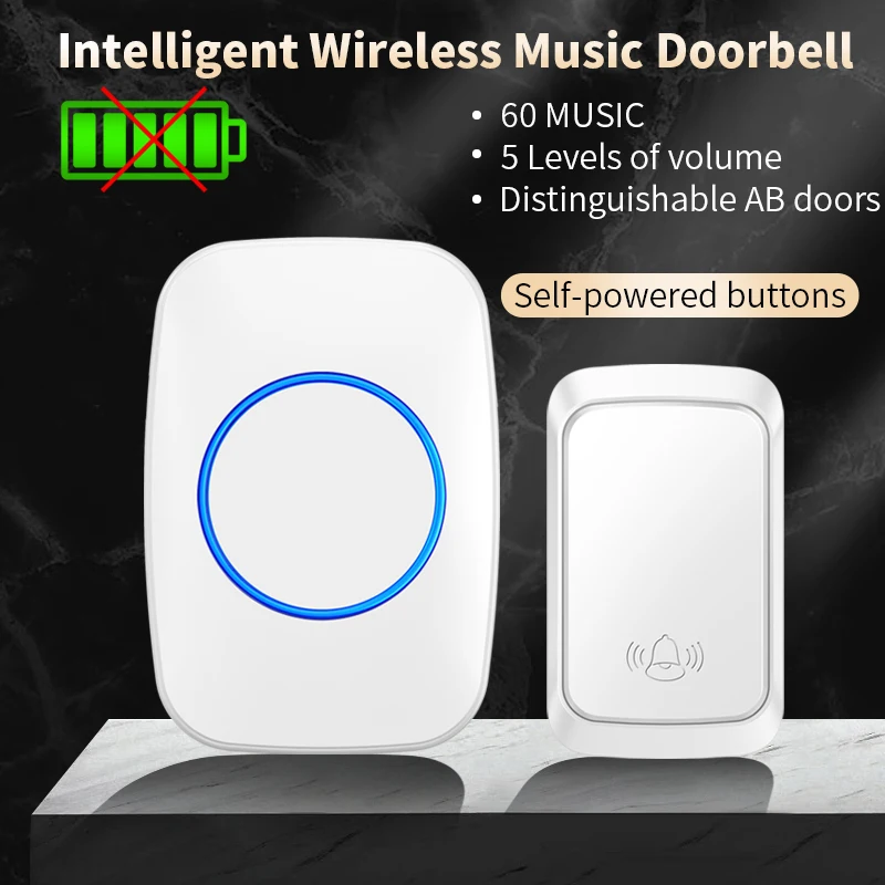 CACAZI Intelligent Self-powered Wireless Doorbell Battery Free 60 Songs EU UK UK AU Plug Waterproof Chime Home Welcome Door Bell