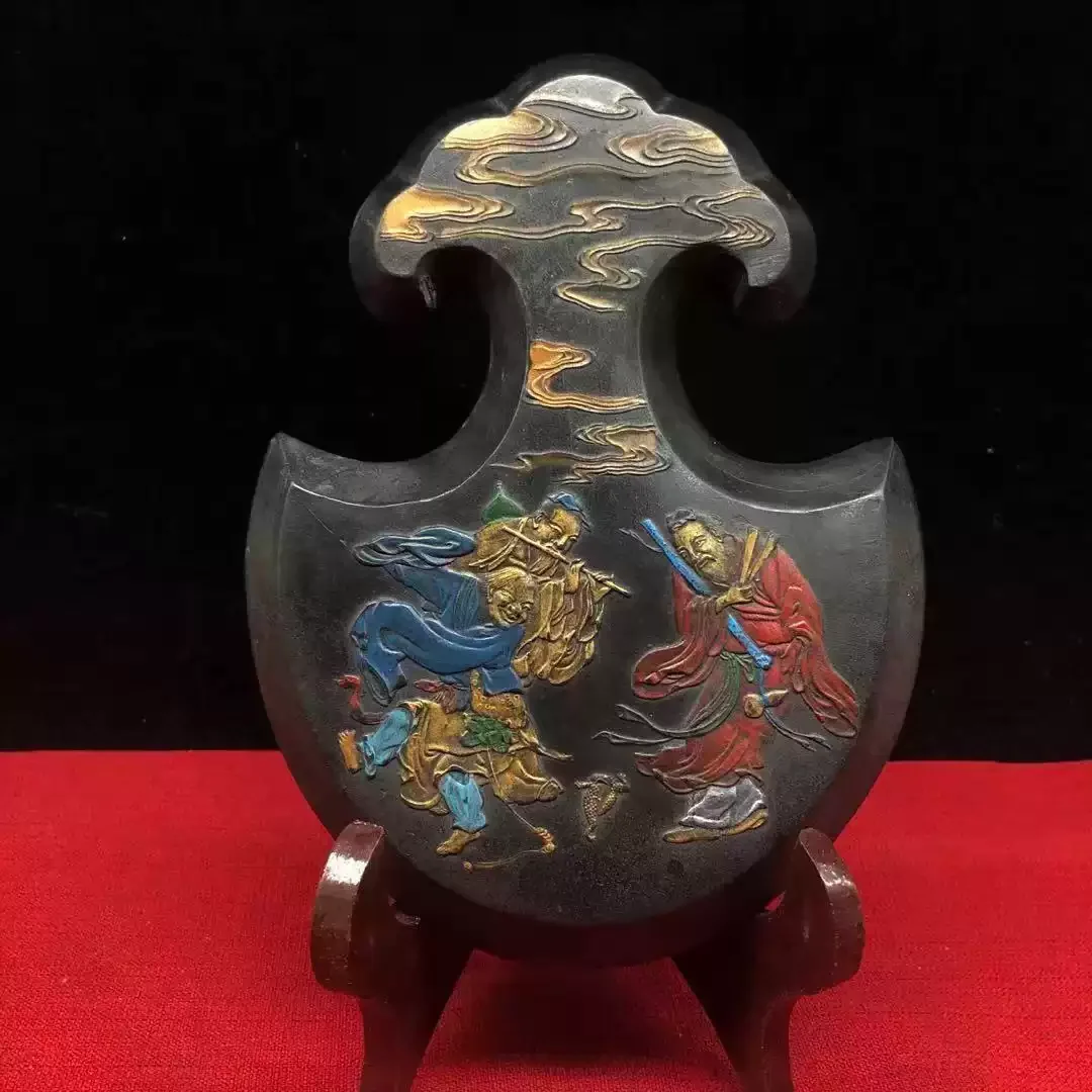 Vintage Chinese Ink Stick Mo Chi Yun Collectible Old Ink Block Replica Painted Gilt Figure Pattern Calligraphy Collectible