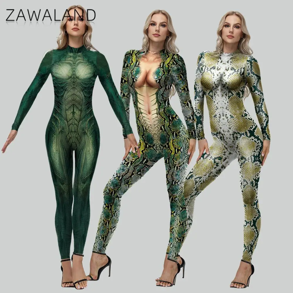 

Zawaland Cosplay Serpentine Costume Animal Print Sexy Women Jumpsuits Adult Halloween Costume Zentai Bodysuit Romper Outfits