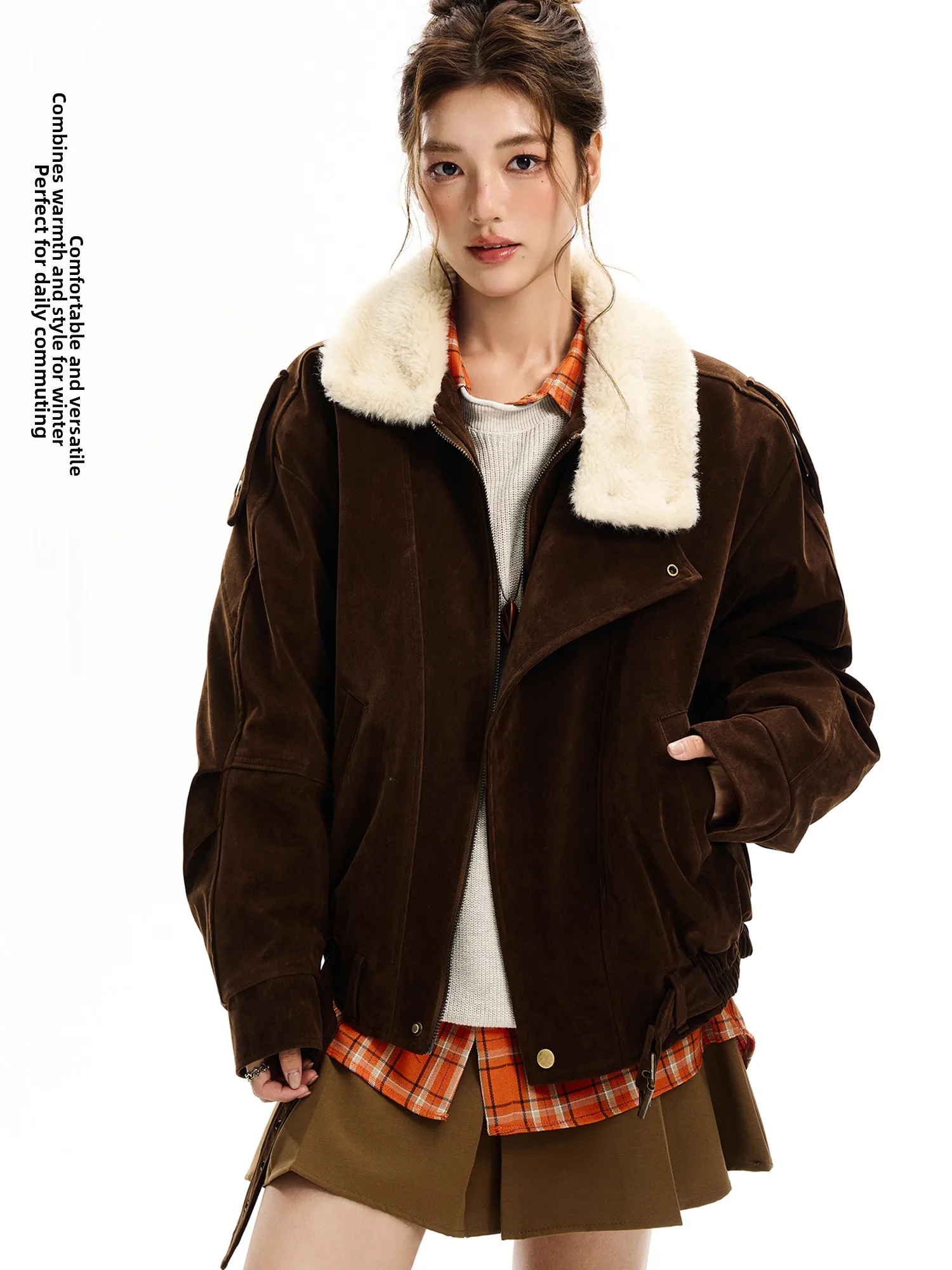 

Женское зимнее пальто Damon Island из коричневой замши с воротником, утепленное, с длинными рукавами, на молнии, новинка