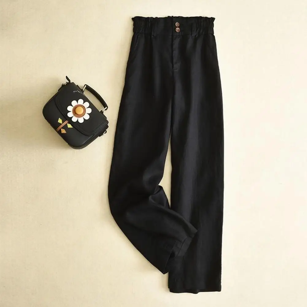 

Women Pants High Waist Bud Elastic Waistband Lady Slacks Buttons Fly Pockets Full Length Office Trousers Lady Wide Leg Trousers