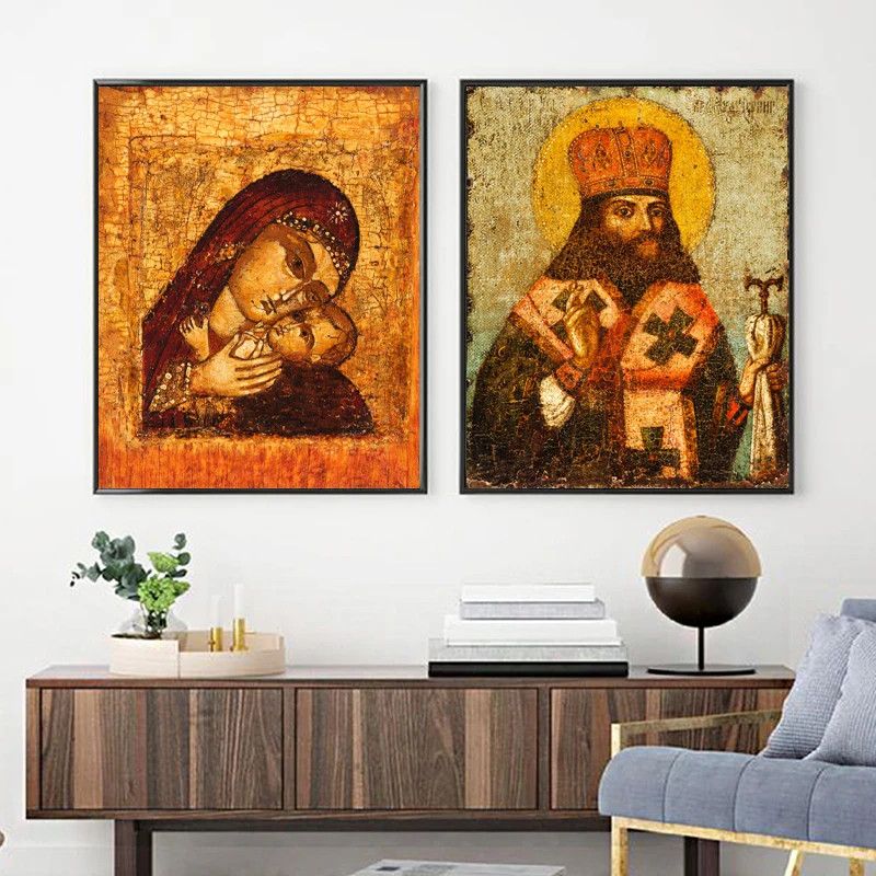 Antique Russian Orthodox of Mother of God and Child Art Prints Jesus Christ Wall Art Canvas Painting Vintage Poster Home Deco