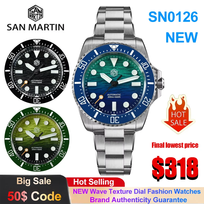 

Механические часы San Martin SN0126, новые, 38 мм, с циферблатом с волнообразной текстурой, автоматический механизм Miyota 90S5, водонепроницаемость 200 м, роскошные наручные часы