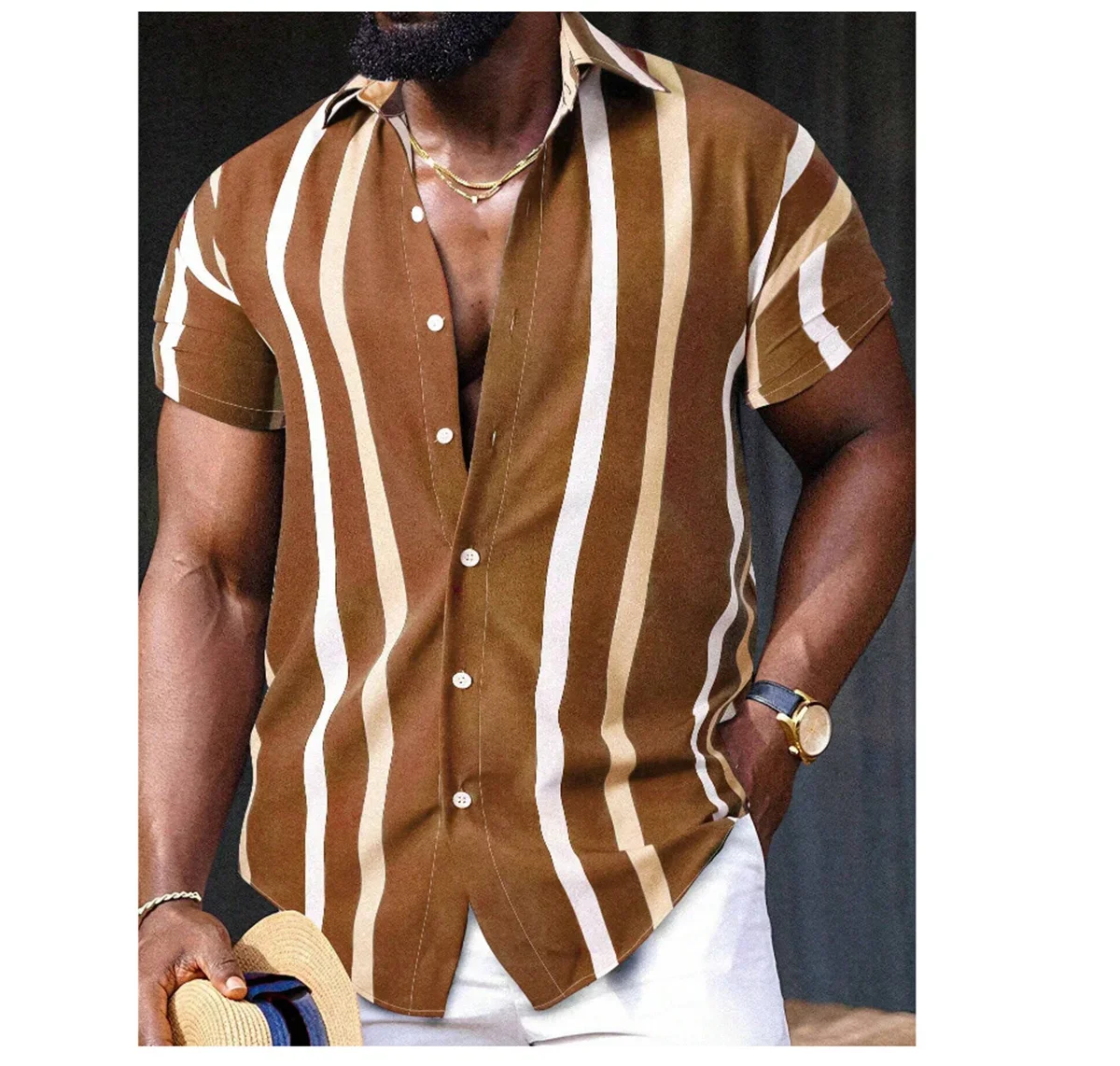 2024 Hawaiian shirt men\'s short sleeved striped patchwork lapel shirt summer fashion street high-quality comfortable clothing