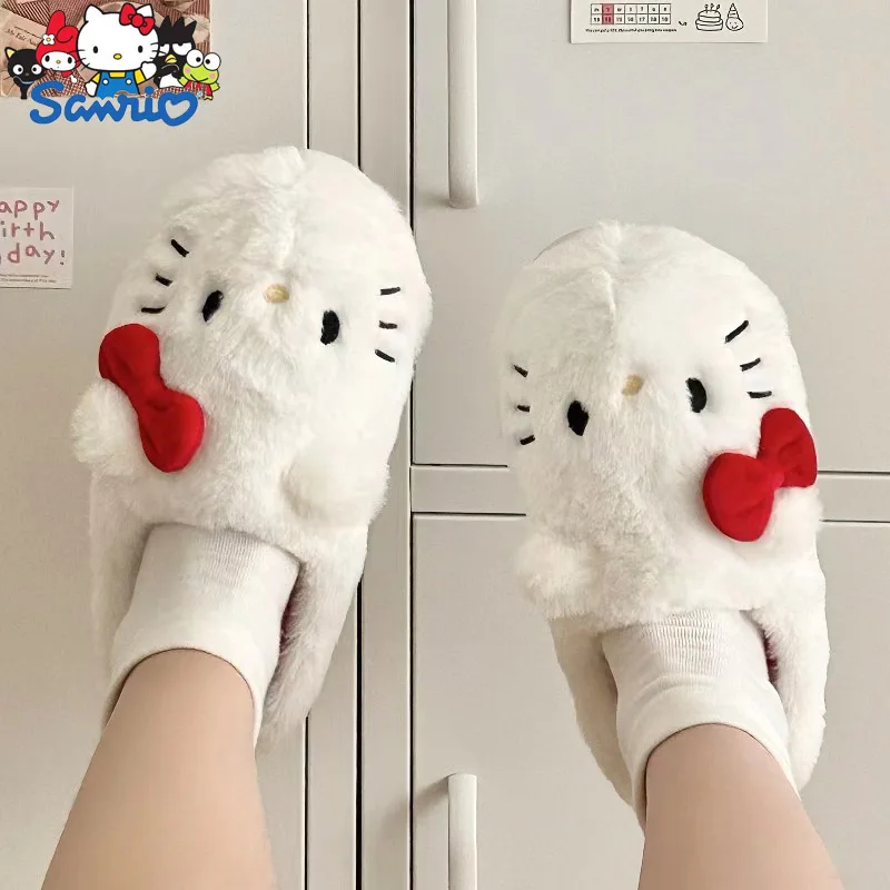 Sanrio Plush Slippers Hello Kittys Kawaii Cute Student Autumn Winter Bedroom Soft Padded Plush Bedroom Aldult Shoes Girls Xmas