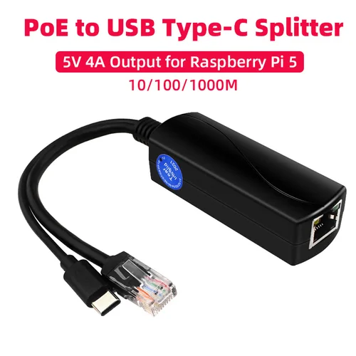 Imagen 1 del producto Divisor PoE Raspberry Pi 5 de 5V, 4A, 10/100/1000MB, red Gigabit IEEE 802,3 af/at tipo C a PoE para Pi 5 Pi5