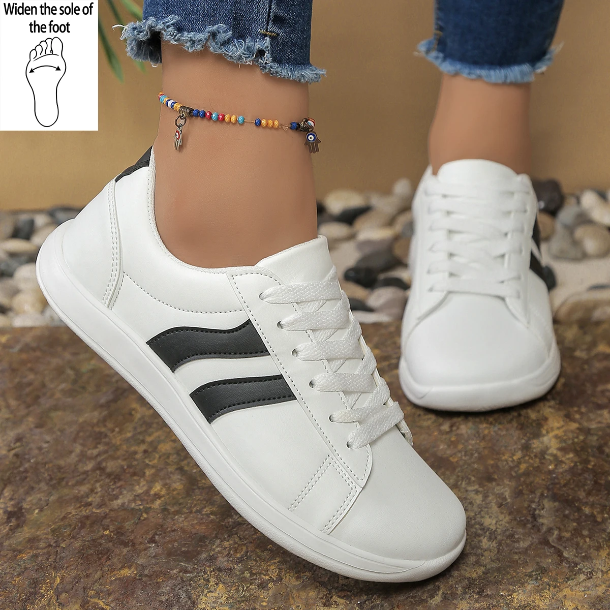 Ladies' Extra-Wide Sneakers with Minimalist Design Feature Two Side Bars and a Decorative Front Strap, Suitable for Sports and C
