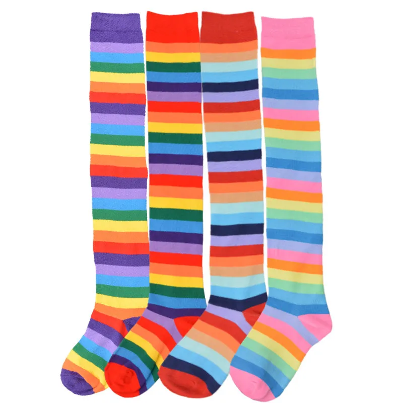 Cute Girls Lolita Rainbow Striped Over Knee Cosplay Long Socks Autumn Winter Black Thigh High Women Thick Leg Warmers Stockings