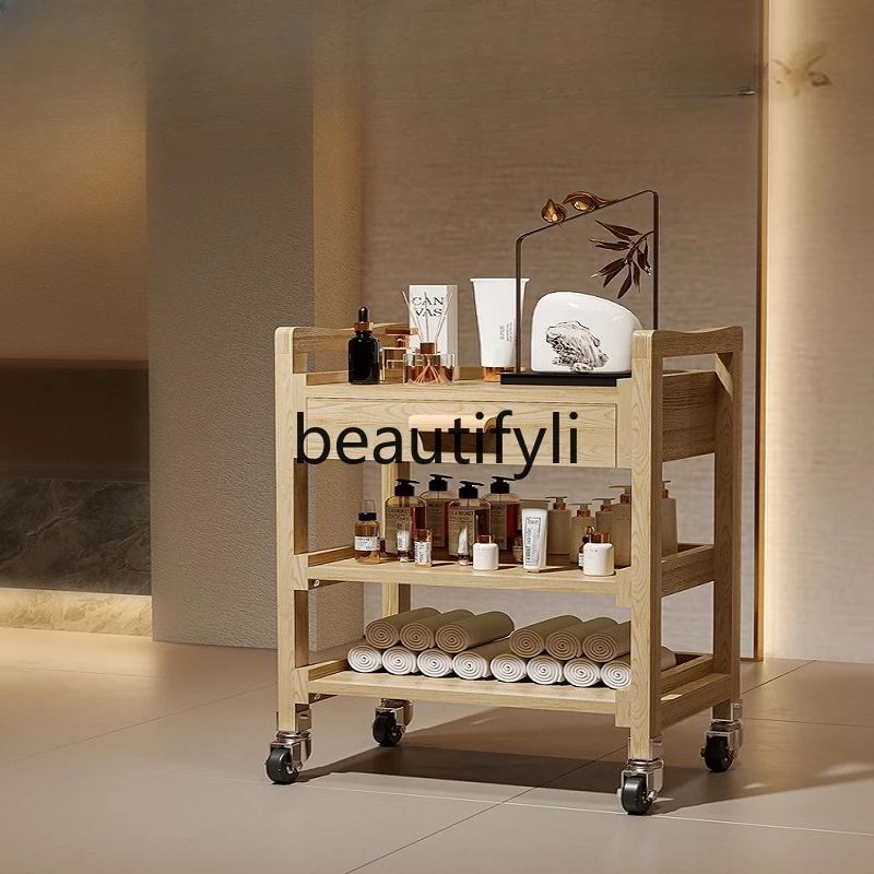 Solid wood multi-functional beauty cart three-layer rack tool with drawer trolley hair cart