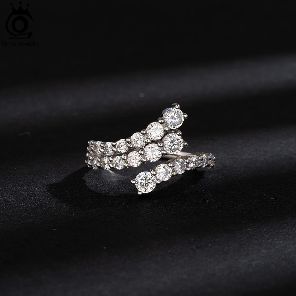 ORSA JEWELS New Fashion 925 Sterling Silver Open Ring Geometric Zircon Rings Irregular Line Ring Shiny Wedding Jewelry SR305