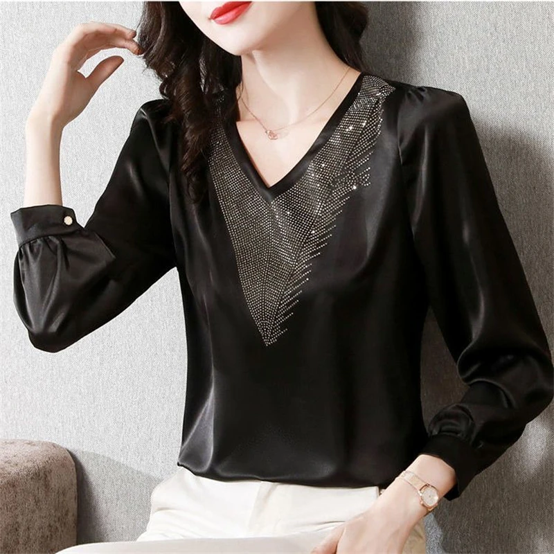 Women Korean High Quality Satin Rhinestone Blouses Office Lady Elegant Black Shirts Autumn V Neck Long Sleeve Tops Blusa Mujer