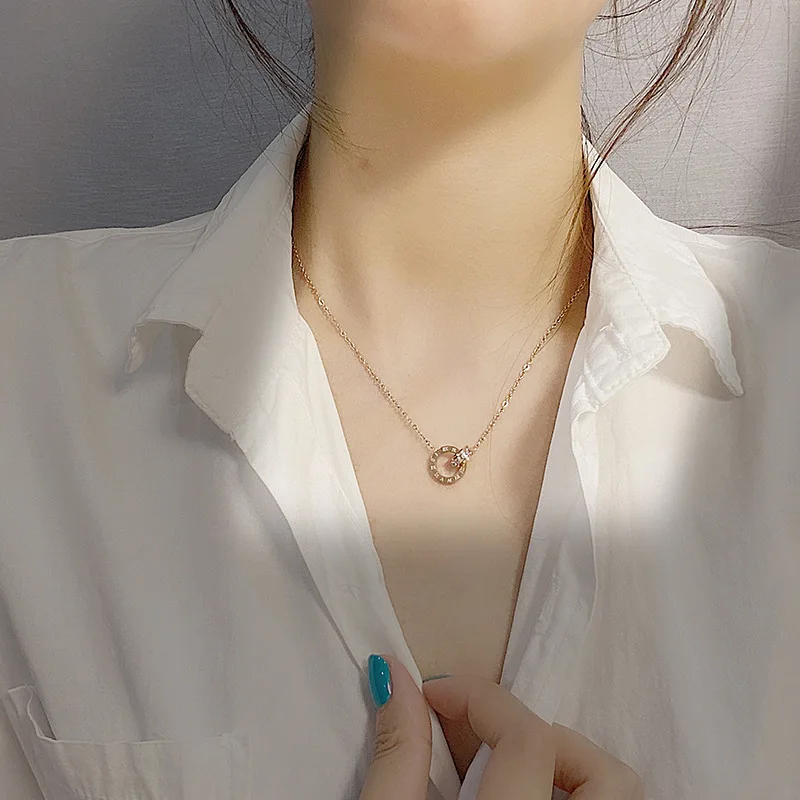 Luxury Elegant Crystal Circle Choker Fashion Roman Digital Stainless Steel Gold Silver Color Pendant Necklaces for Women Jewelry image 2