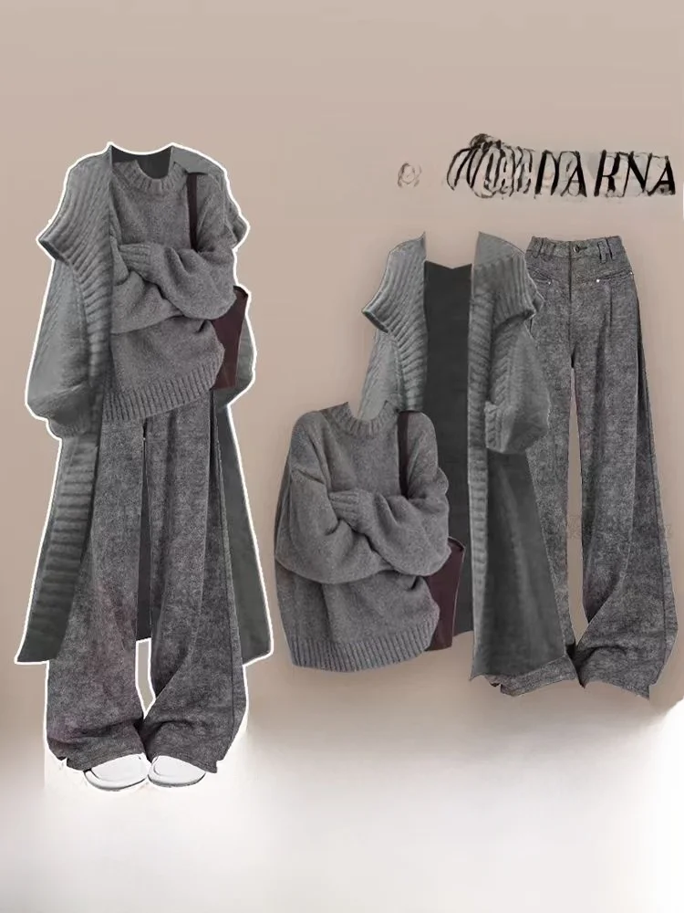 

Вязаный комплект в китайском Новом году, повседневная внутренняя одежда, футболки, утягивающий свитер и брюки, длинный хлопковый воротник-стойка