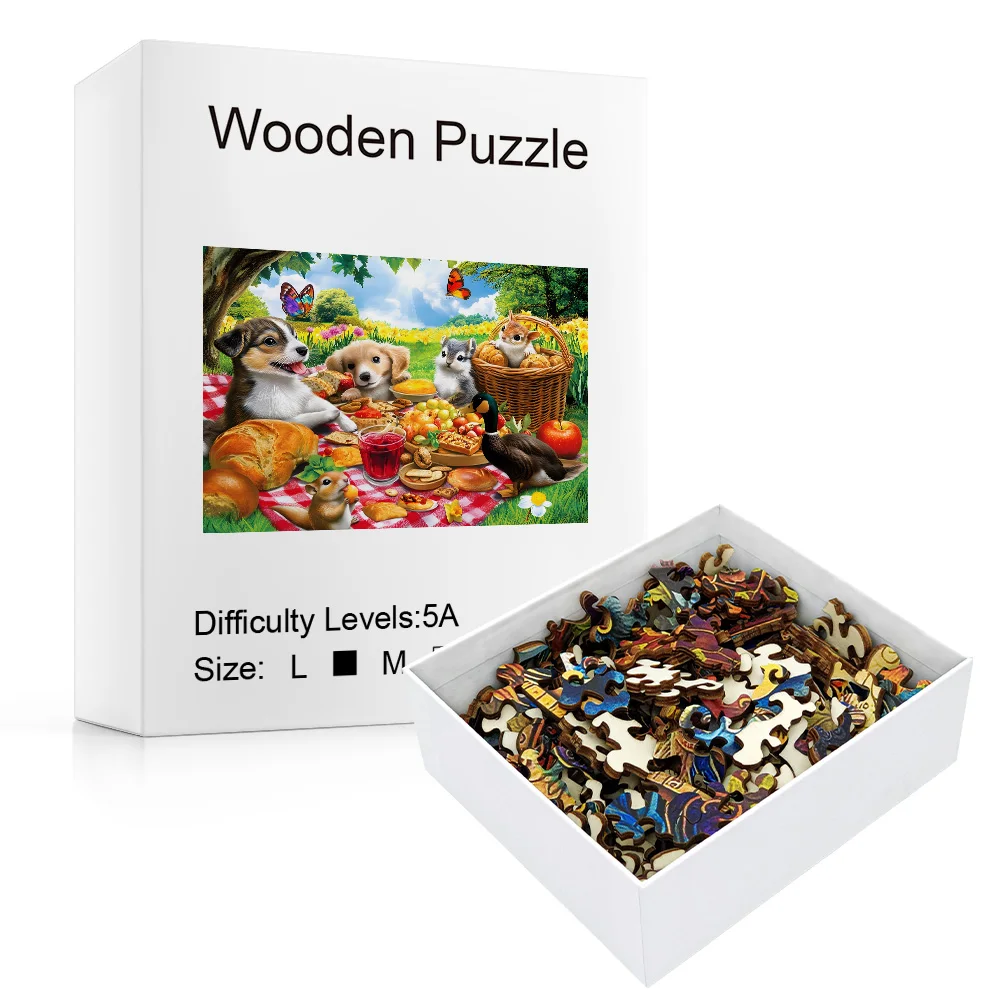 Puppy Garden Wooden Puzzle - Family Friendly Emotional Board Game, Unique Animal Patterns, A3/A5 Sizes, Comes with White Box