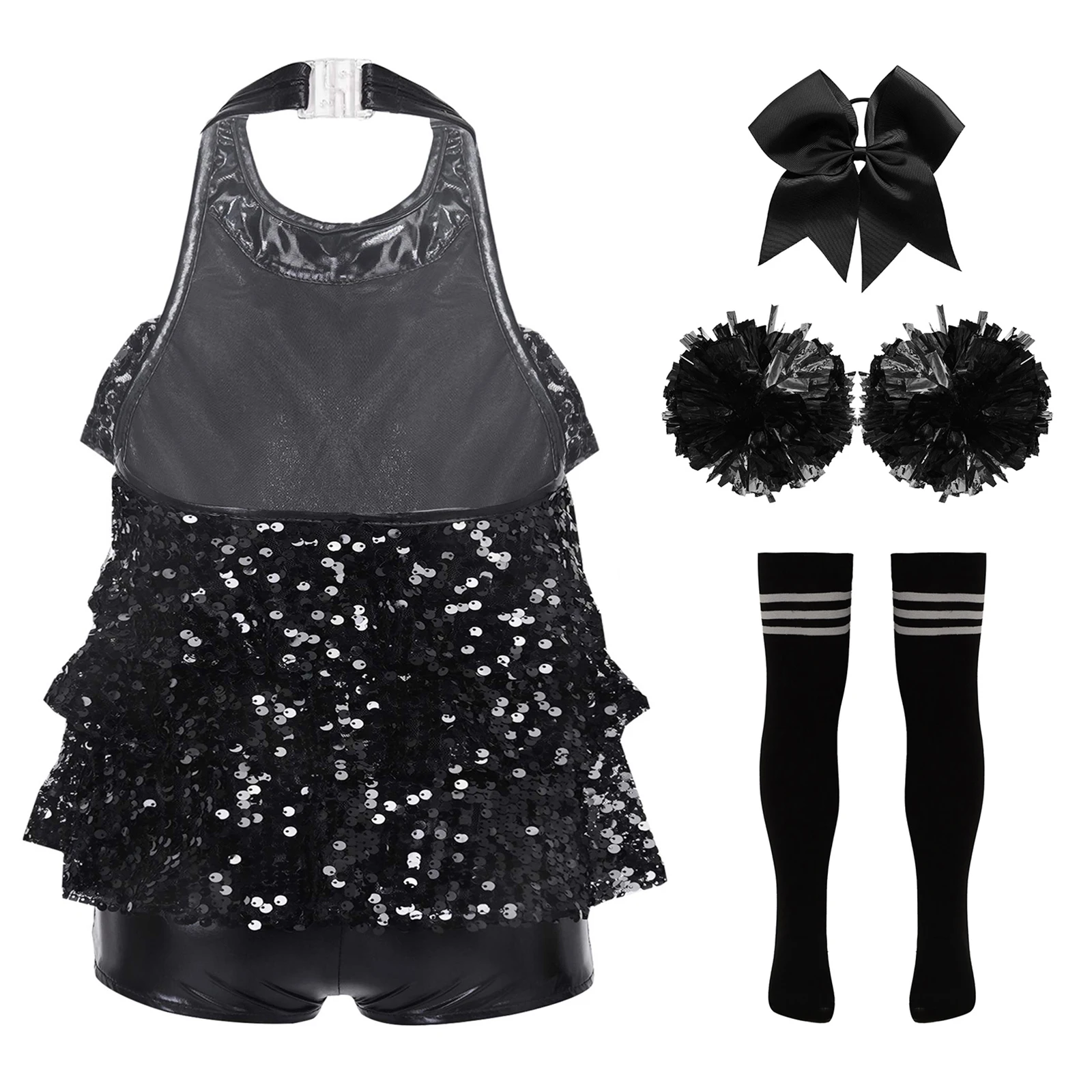 Costume de pom-pom girl à paillettes brillantes pour enfants, tenues licou, robe justaucorps de danse, vêtements d'équipe d'encouragement, ensembles de vêtements de danse pour filles