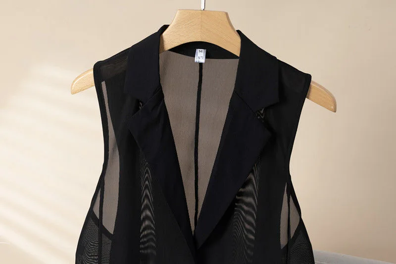 ผู้หญิงฤดูร้อนบางดูผ่านตาข่ายเสื้อแขนกุด Elegant Office LADIES สีดําเสื้อกั๊ก SLIM FIT SHEER เสื้อกั๊กเสื้อสเวตเตอร์ถัก