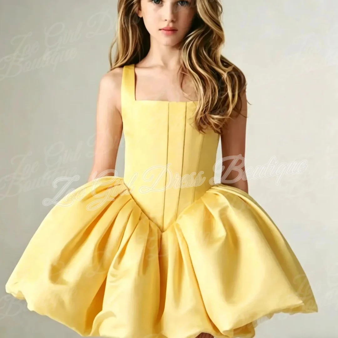 Yellow Sleeveless Satin Flower Girl Dress Puffy Ruched Skirt Kids Wedding First Holy Communion Birthday Customized Gowns