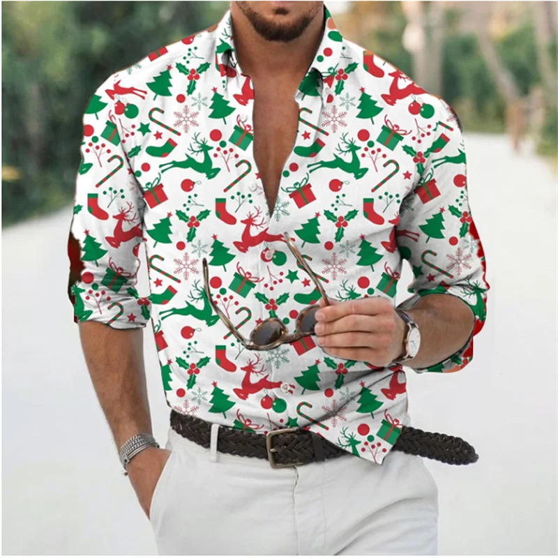 Fun Christmas Snowman Theme 3D Printed Men\'s Casual Long Sleeve  Shirts Streetwear Tops Unisex Holiday Party Hawaiian Shirts