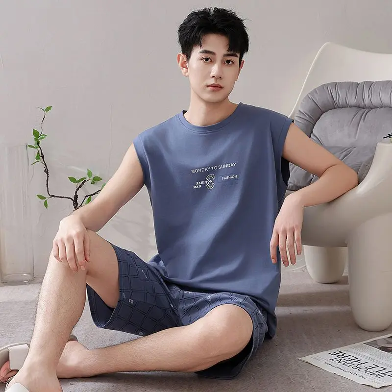 2026 Summer Plus Size Sleeveless 100% Cotton Pajama Sets for Men Korean Loose Sleepwear Pyjama Male Homewear Lounge Home Clothes