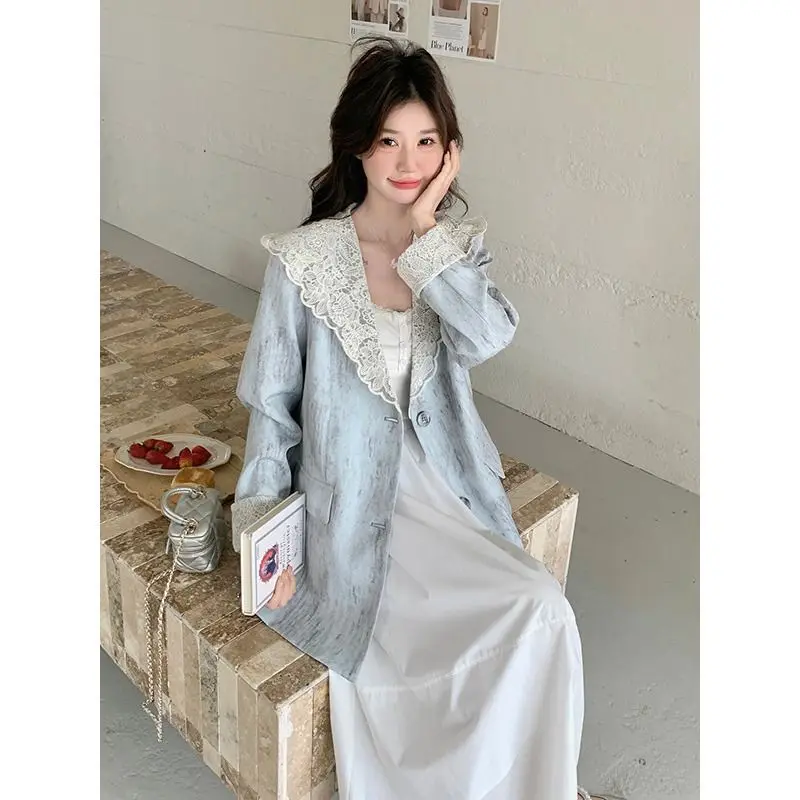 Korean Lace Patchwork Suit For Women 2026 New Style Casual Suit Top