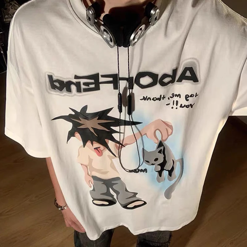 American Street Fun Cat Print Short Sleeve Shirts Loose T-Shirts for Men and Women Trendy Y2K Clothes Hip Hop Shirts for Women