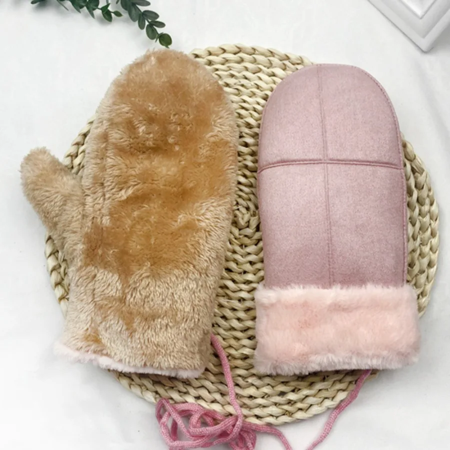 Women's Winter Thermal Mittens Convertible Suede Mittens with Neck Strap, Plush Lined Insulated Gloves Outdoor Cycling Skiing​