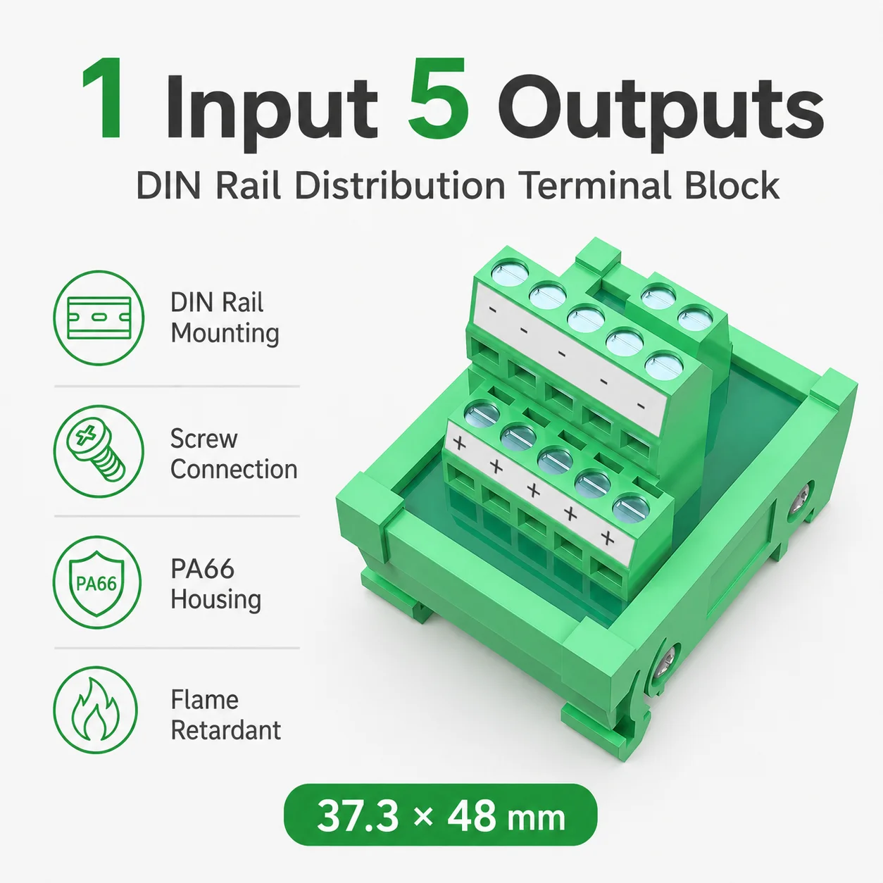1 Input 5/8/16 Outputs Screw Terminal DIN Rail Module PA66 Flame Retardant Wiring Connector for Electrical Control Cabinet